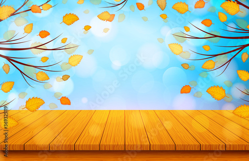 Wooden table with orange leaves. Autumn nature background. Vector illustration