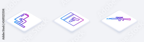 Set Isometric line Security camera, Evidence bag and pistol or gun and Sniper rifle with scope. White square button. Vector.