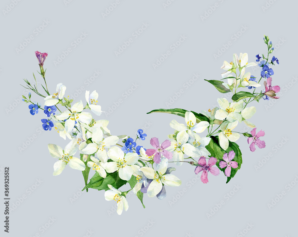 Naklejka premium Watercolor floral composition of jasmine, carnation and blue flowers