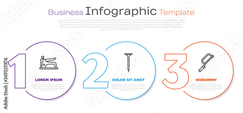 Set line Construction stapler, Metallic nail and Hacksaw. Business infographic template. Vector.