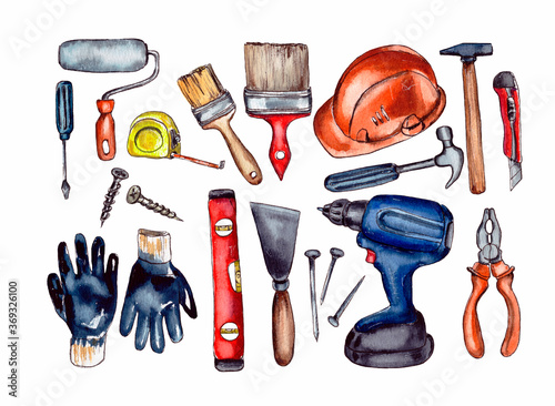 watercolor illustration, set of tools for home and apartment repair, isolated on white