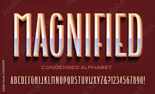 Magnified Condensed Tall Vector Alphabet. This Unique Narrow Lettering Font has Subtle Reflective and 3d Effects and Unusual Character Designs.