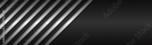 Black and white abstract metallic vector header with slanting lines. Black and white striped pattern, parallel lines and strips. Vector abstract widescreen background