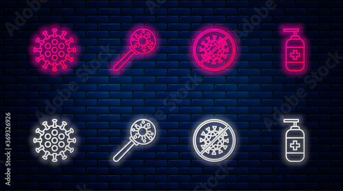 Set line Virus under magnifying glass, Stop virus, and Bottle of liquid antibacterial soap. Glowing neon icon on brick wall. Vector.