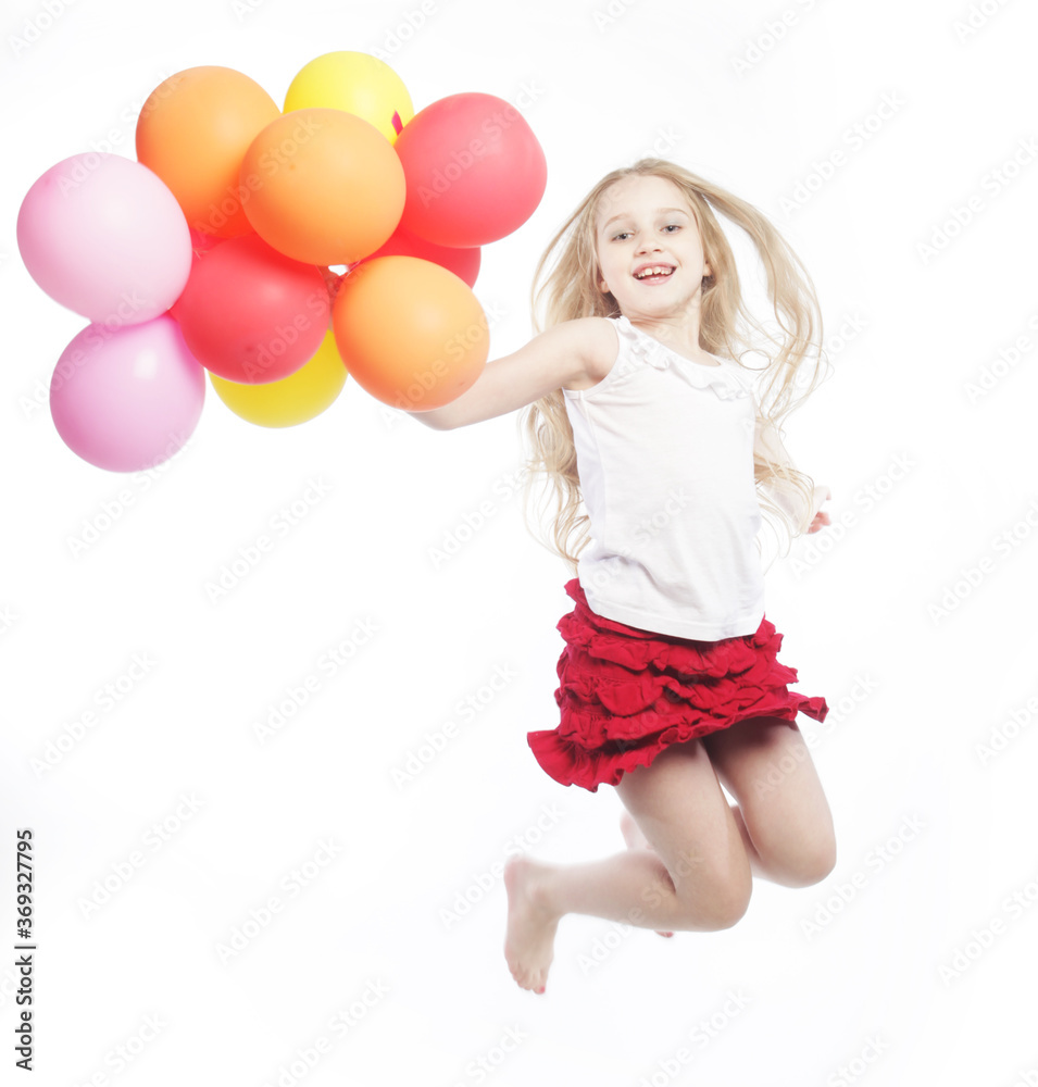 girl jump with balloons