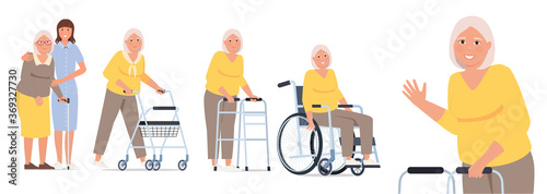 Grandmother in a wheelchair, granny with a paddle walker and an elderly woman with a walking stick and a nurse.