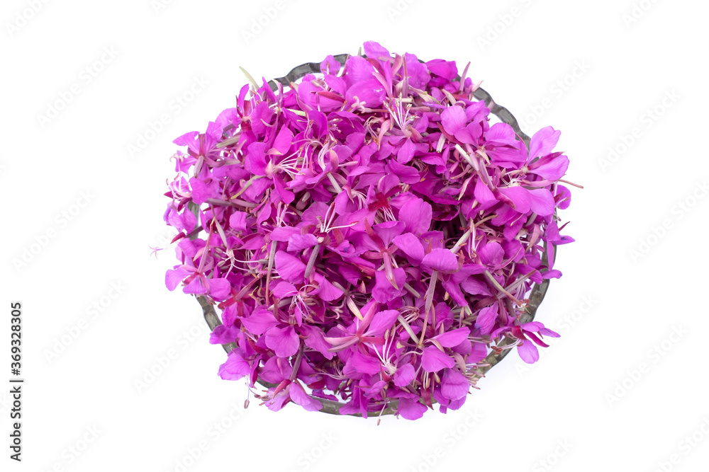 Fireweed flowers isolated on white background. Pink flower petals in a round shape glass bowl