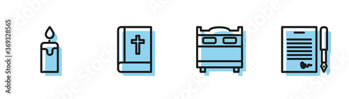 Set line Bedroom, Burning candle, Holy bible book and Marriage contract icon. Vector.