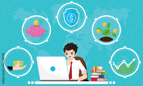 Financial literacy course for adult concept. Design by Business man use laptop for learning of cash reserves, savings money, protect fund, investment and wealth growth. Vector illustration