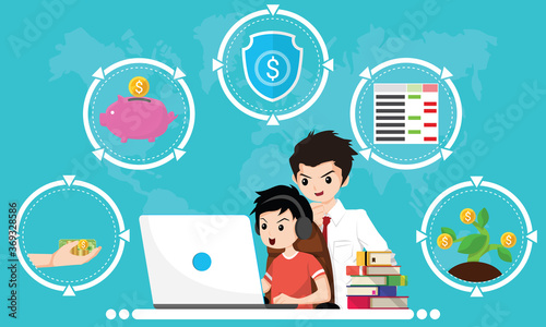 Financial literacy course for kid concept. Design by Boy use laptop and consult his father for learning of cash reserves, savings money, protect fund, accounting and wealth growth. Vector illustration