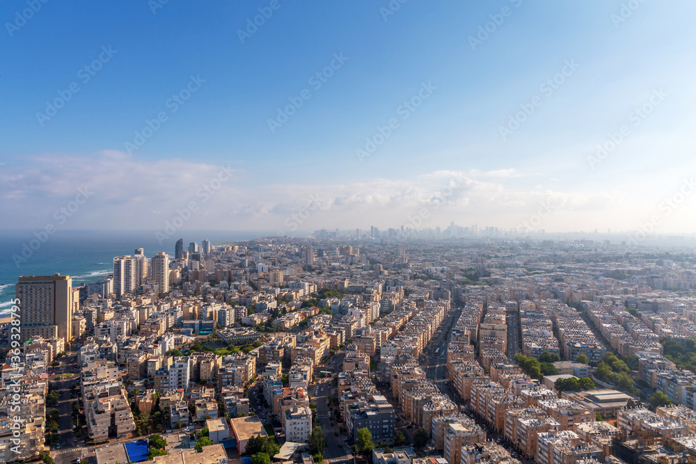 View from a high point of the city of Bat Yam and part of Tel Aviv on the Mediterranean coast. Panorama. Israel. Summer.