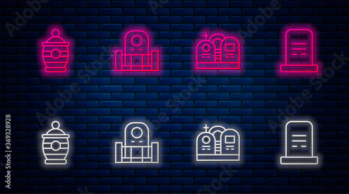Set line Grave with tombstone, , Funeral urn and . Glowing neon icon on brick wall. Vector.