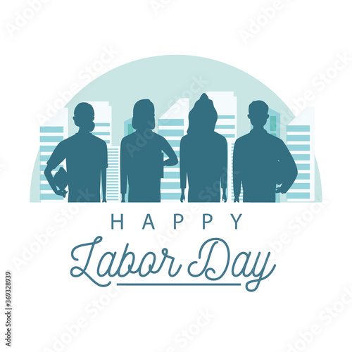 happy labor day celebration with workers silhouette on the city