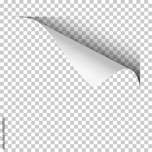 Vector page with upper right curl with shadow on blank transparent sheet of paper