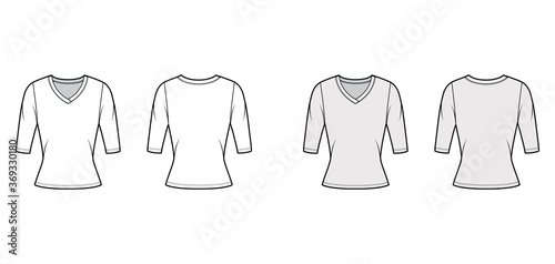 V-neck jersey sweater technical fashion illustration with elbow sleeves, close-fitting shape. Flat outwear apparel template front back white grey color. Women, men unisex shirt top CAD mockup