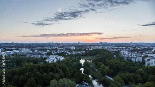 Scenic sunset view Westpark and Munich cityscape, Bavaria, Germany photo