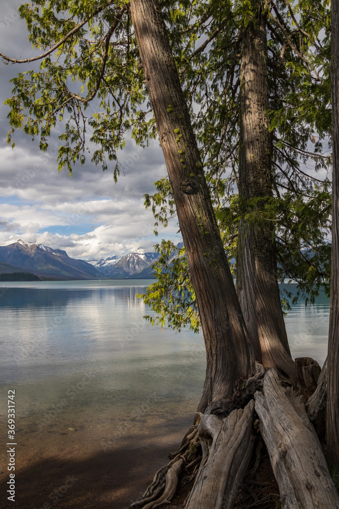 Lake McDonald with view of mountain-range in background

