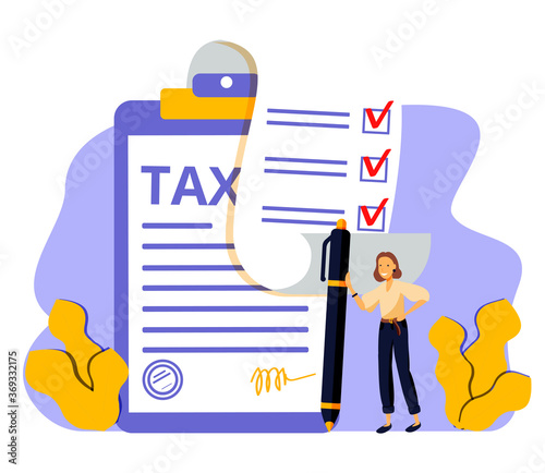 Woman holding pen and signing on bank document.Concept of check payment method, financial or banking service, money transaction or transfer. Modern flat colorful vector illustration for banner, poster