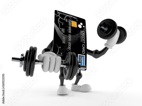Credit card character with dumbbells