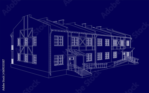 Building perspective 3D. House decorated in style half-timbered framework. Outlines cottage on blue background. House 3D model perspective vector. Cottage blueprint. EPS 10. 