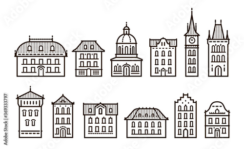 Vintage buildings icons set in linear style. City, town concept