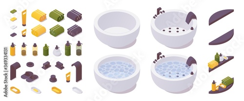 Isometric set of objects for spa or jacuzzi for home, hotel, villa. Collection with and without water and bathroom accessories