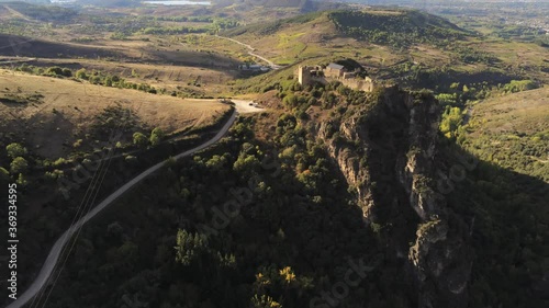 Cornatel castle in El Bierzo. Leon,Spain. Aerial Drone Footage photo