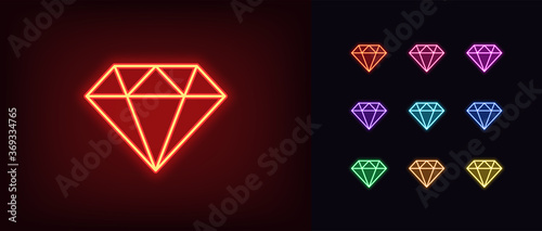 Neon diamond icon. Glowing neon gem sign, jewel