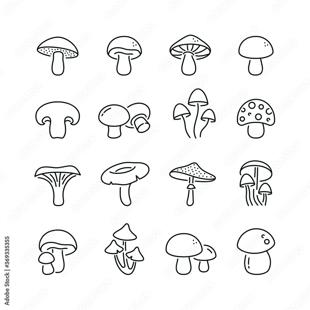 Mushrooms related icons: thin vector icon set, black and white kit Mushrooms related icons: thin vector icon set, black and white kit