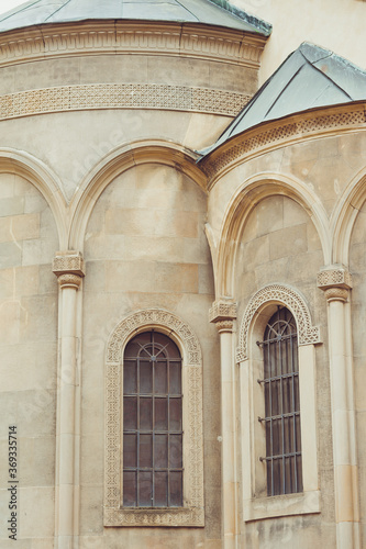 Old facades of houses in the historic center of the European city