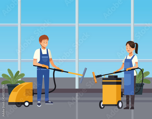 housekeeping couple workers cleaning corridor with tools characters