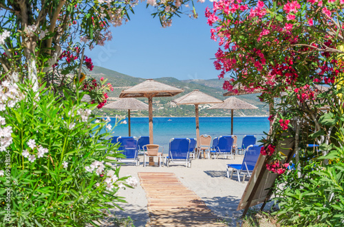 Picturesque sandy beach in Alykanas full of beautiful flowers and plants situated on the east coast of Zakynthos island, Greece. © Darios