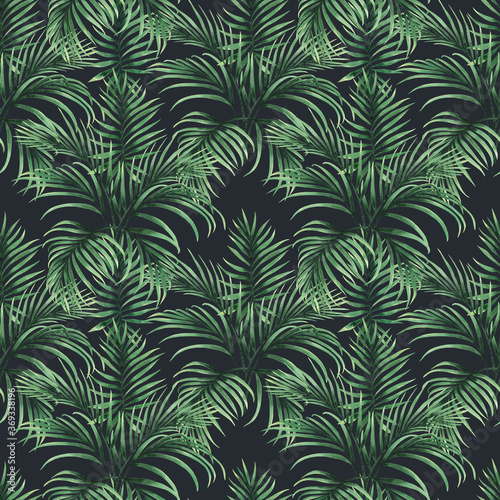 Watercolor painting palm green coconut leaves seamless pattern background.Watercolor hand drawn illustration tropical exotic leaf prints for wallpaper textile Hawaii aloha summer style.