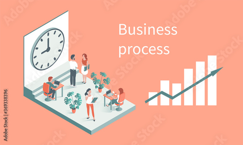 People in the office. Men and women work at computers and discuss business issues. Against the background of the clock. Vector illustration in isometric style. Banner with place for text.