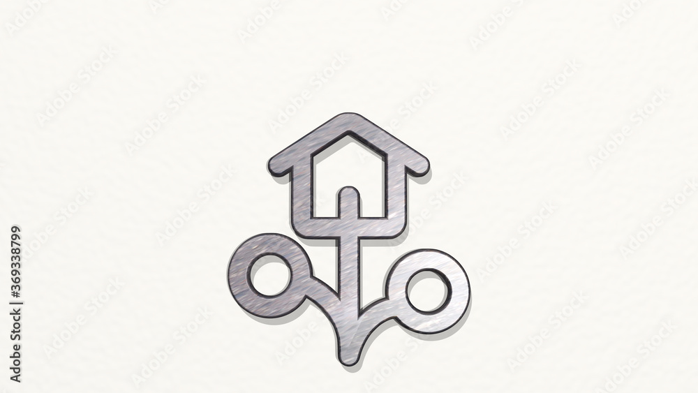OUTDOORS BIRD HOUSE on the wall. 3D illustration of metallic sculpture over a white background with mild texture. beautiful and nature OUTDOORS BIRD HOUSE on the wall. 3D illustration of metallic sculpture over a white background with mild texture. beautiful and nature