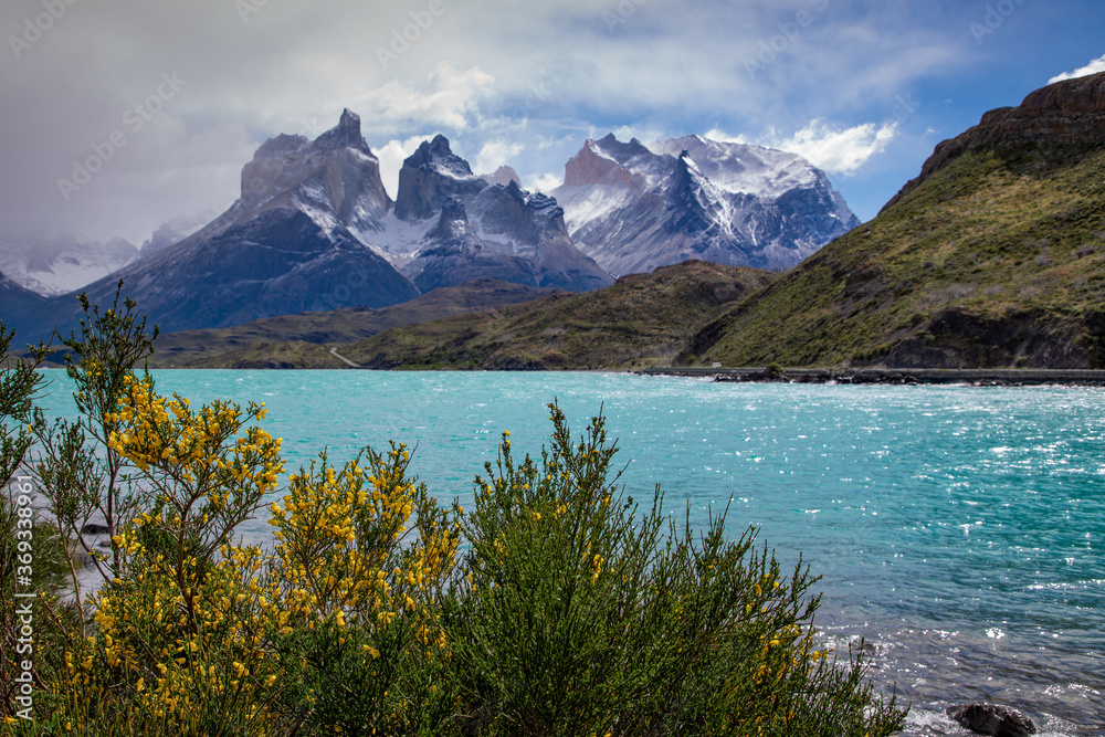 Beautiful morning in Torres del Paine with its turquoise waters, in chilean patagonia.