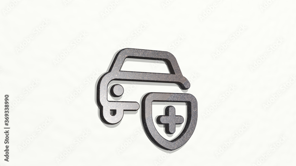 CAR ACTIONS SHIELD from a perspective on the wall. A thick sculpture made of metallic materials of 3D rendering. illustration and auto CAR ACTIONS SHIELD from a perspective on the wall. A thick sculpture made of metallic materials of 3D rendering. illustration and auto