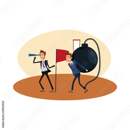 elegant businessmen with telescope and fetter slave comic characters