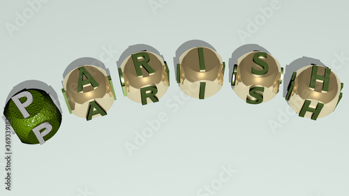 parish combined by dice letters and color crossing for the related meanings of the concept. church and architecture
