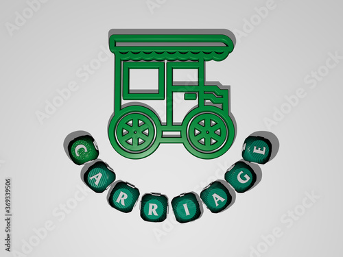 3D illustration of carriage graphics and text around the icon made by metallic dice letters for the related meanings of the concept and presentations. train and editorial