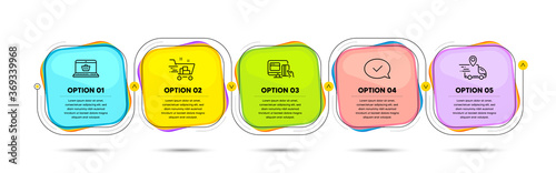 Infographic timeline with icons and 5 steps. Buying process with numbers. Infographics business concept. Online buying plan, presentation timeline, arrow path. Business journey process. Vector