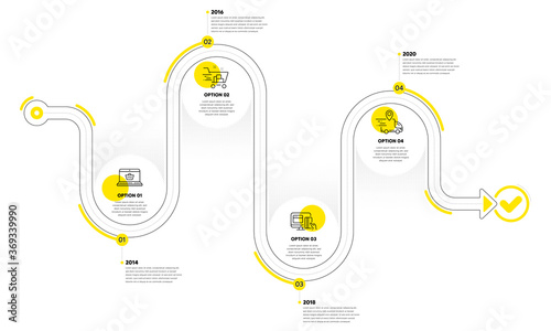 Infographic timeline with icons and 4 steps. Buying process with numbers. Infographics business concept. Online buying plan, presentation timeline, arrow path. Business journey process. Vector photo