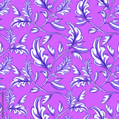 Decorative fantasy leaves and branches on purple background inspired indian paisley culture. Floral seamless pattern in oriental style.