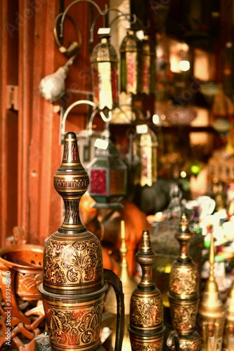 Old Arabic metal pitcher and lantern
