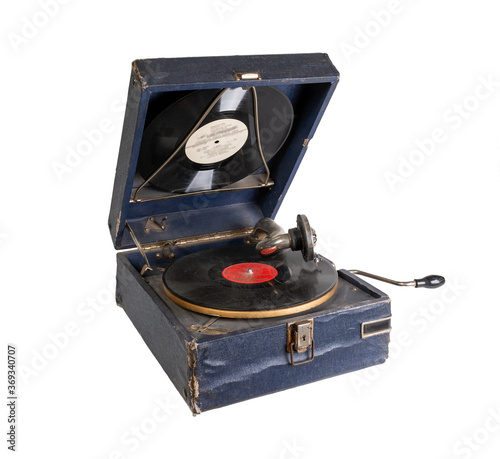 Phonograph with crank. Old gramophone Isolated on a white background. photo