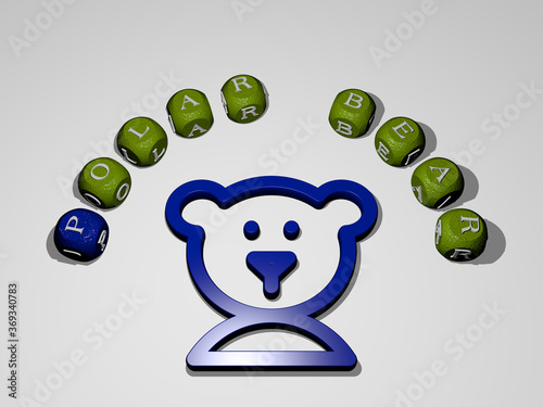 3D graphical image of polar bear vertically along with text built around the icon by metallic cubic letters from the top perspective, excellent for the concept presentation and slideshows. photo