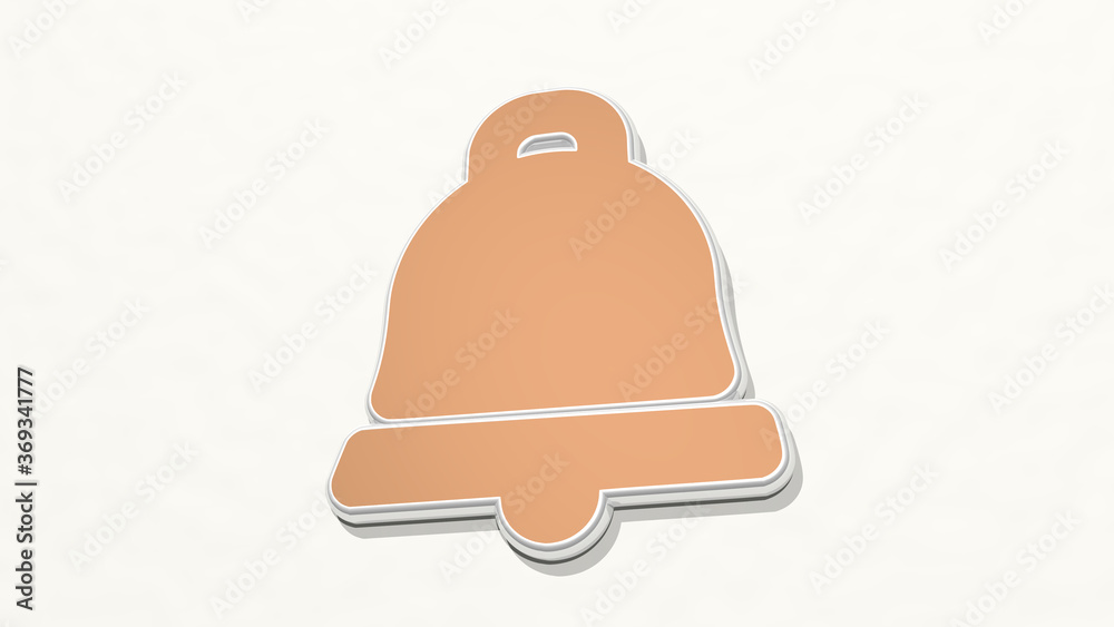 Fototapeta premium BELL on the wall. 3D illustration of metallic sculpture over a white background with mild texture. church and architecture