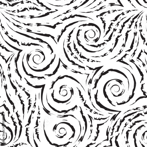 Vector seamless pattern of black spirals of lines and corners on a white background.Texture of flowing shapes and lines with torn edges.Background for decoration of fabrics or packaging