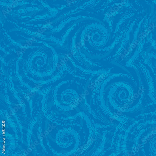 Vector seamless pattern of blue spirals of lines and corners on a blue background.Texture of flowing shapes and lines with ripples.Background for decoration of fabrics or packaging.