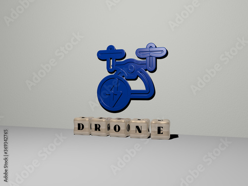 3D graphical image of drone vertically along with text built by metallic cubic letters from the top perspective, excellent for the concept presentation and slideshows. aerial and view